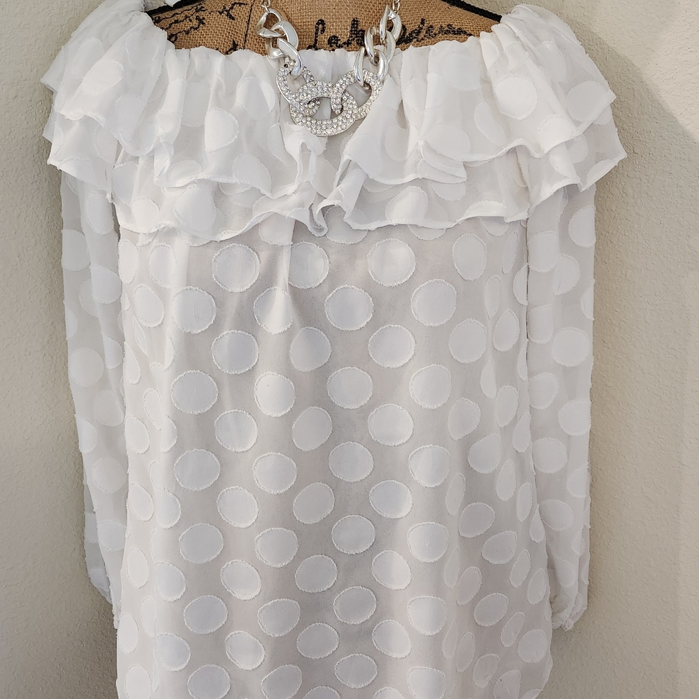 Michael Kors Elegant White Ruffled Polka Dot Top - Picture 4 of 6